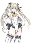  1girl bare_shoulders blonde_hair dead_or_alive detached_sleeves hair_ribbon hands_on_hips leotard marie_rose ribbon saitom thigh-highs twintails 