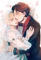  1boy 1girl black_hair blonde_hair bowtie bridal_veil bride couple dress erina_pendleton fate_(series) heart hetero husband_and_wife jonathan_joestar manmaru93 tuxedo veil wedding_dress 