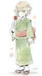  1boy candy_apple geta green_eyes hair_flaps hotarumaru japanese_clothes kimono licking_lips male_focus mizuhara_aki no_socks short_hair solo standing touken_ranbu white_background yukata 