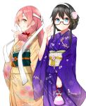  2girls adjusting_glasses akashi_(kantai_collection) black-framed_glasses black_hair blue_eyes brown_eyes floral_print flower glasses hair_flower hair_ornament hair_ribbon headband japanese_clothes kantai_collection kimono long_hair looking_at_viewer multiple_girls nekomanma_(chipstar182) obi ooyodo_(kantai_collection) payot pink_hair ribbon sash semi-rimless_glasses simple_background smile under-rim_glasses white_background 