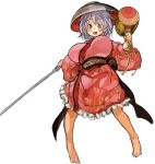  1girl alternate_breast_size barefoot blue_eyes bowl breasts dress frills full_body japanese_clothes large_breasts lavender_hair long_sleeves looking_at_viewer miracle_mallet needle obi object_on_head open_mouth red_dress ribbon sachito sash smile solo sukuna_shinmyoumaru touhou wide_sleeves 