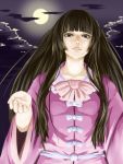  1girl black_hair clouds dress expressionless full_moon houraisan_kaguya kazu_(rakugakino-to) lips long_hair looking_at_viewer moon night outdoors raised_hand red_eyes ribbon solo touhou very_long_hair 