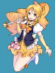  1girl :d blonde_hair blue_background boots cure_honey happinesscharge_precure! ishimu long_hair looking_at_viewer magical_girl oomori_yuuko open_mouth ponytail precure simple_background skirt smile solo yellow_eyes yellow_skirt 