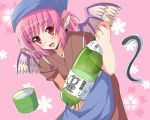  1girl alcohol animal_ears cherry_blossoms eel floral_print food_stand glass head_scarf japanese_clothes mystia_lorelei okamisty open_mouth pink_eyes pink_hair sake short_hair smile solo tasuki touhou utakata_(azaka00) wings yatai 