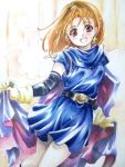  1girl barbara blush brown_hair cape cape_lift dragon_quest dragon_quest_vi dress earrings gloves graphite_(medium) high_ponytail highres jewelry looking_at_viewer nijinohouseki short_dress short_sleeves smile solo traditional_media violet_eyes watercolor_(medium) 