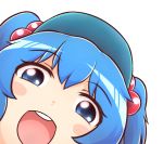  1girl blue_eyes blue_hair blush blush_stickers close-up derivative_work face hair_bobbles hair_ornament hat kawashiro_nitori looking_at_viewer looking_down love_live!_school_idol_project meme open_mouth parody short_hair simple_background smile touhou twintails white_background wool_(miwol) 