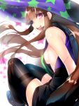  1girl :d black_legwear boots breasts brown_hair character_request hat long_hair looking_at_viewer naso4 open_mouth sideboob sketch sleeveless smile solo star thigh-highs violet_eyes witch_hat 