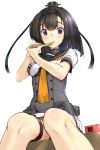  1girl akasaai akizuki_(kantai_collection) black_hair eating food headband kantai_collection pizza school_uniform serafuku sitting 