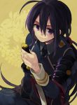  1boy ahoge double-breasted hiyo_kiki katana long_hair looking_at_viewer male_focus military military_uniform namazuo_toushirou necktie ponytail purple_hair sheath sheathed smile sode solo sword touken_ranbu uniform violet_eyes wakizashi weapon 