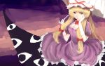  1girl absurdres blonde_hair bow breasts choker cleavage dress elbow_gloves eyes fanshu faux_traditional_media gap gloves hair_bow hand_on_own_face hat hat_ribbon highres holding_umbrella large_breasts lips long_hair mob_cap multicolored_background nose puffy_short_sleeves puffy_sleeves purple_dress ribbon ribbon_choker short_sleeves sketch solo touhou umbrella very_long_hair violet_eyes white_gloves yakumo_yukari 