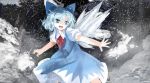  1girl blue_dress blue_eyes blue_hair bow cirno dress fairy hair_bow hair_ornament ice ice_wings open_mouth outstretched_arms puffy_sleeves short_hair short_sleeves smile snow solo suna_(s73d) touhou vest wings 
