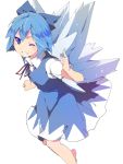  1girl barefoot blue_dress blue_eyes blue_hair bow cirno dress fairy hair_bow hair_ornament hasebe_yuusaku ice ice_wings looking_at_viewer one_eye_closed short_hair short_sleeves simple_background smile solo teeth touhou vest white_background wings 