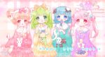  4girls absurdres animal_ears bangs basket blue_eyes blue_hair blunt_bangs bow braid cat_ears cat_tail commentary_request double_bun fish green_eyes green_hair hair_bow hair_ribbon headband highres jewelry mouth_hold multiple_girls obi original paw_pose paw_print pink_eyes pink_hair ribbon ring sash short_hair song_name sparkle_eyes standing star stuffed_animal stuffed_bunny stuffed_frog stuffed_toy tail teruterubouzu twintails umina_kurumi 