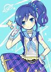  1girl aikatsu! blue_eyes blush character_request gloves hand_on_hip kiriya_aoi looking_at_viewer minamura_haruki side_ponytail skirt smile solo star ufo white_gloves 