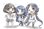  3girls :d absurdly_long_hair black_hair blue_eyes blue_hair blush brown_eyes chibi elbow_gloves fang gloves green_eyes hair_ribbon hairband hand_on_hip hisui_(kimochi) holding_hands kantai_collection long_hair low_twintails multiple_girls necktie one_eye_closed open_mouth outstretched_arm pointing pointing_up ribbon samidare_(kantai_collection) school_uniform serafuku short_hair smile suzukaze_(kantai_collection) tanikaze_(kantai_collection) twintails twitter_username very_long_hair wavy_mouth white_background 