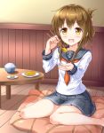  1girl :d anchor_symbol bangs barefoot black_skirt blouse blush brown_eyes brown_hair chopsticks cushion folded_ponytail food highres inazuma_(kantai_collection) indoors kantai_collection kyamu_(qqea92z9n) long_hair long_sleeves looking_at_viewer neckerchief omelet open_hand open_mouth payot plate pleated_skirt pov_feeding rice rice_bowl sailor_collar school_uniform serafuku sitting skirt sleeves_folded_up smile solo table tamagoyaki wariza white_blouse wooden_floor 