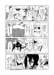  2girls 4koma :d ahoge animal_ears black_sclera centaur centorea_shianus chain character_request collar comic copyright_request cosplay disembodied_head dullahan hair_ornament hairclip highres horse_ears lala_(monster_musume) leash marker monochrome monster_girl monster_musume_no_iru_nichijou multiple_girls one_eye_closed open_mouth s-now smile spiked_collar spikes sweatdrop translation_request v 