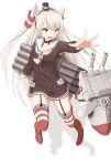  1girl amatsukaze_(kantai_collection) full_body garter_straps gloves hair_tubes hairband highres kantai_collection long_hair long_sleeves looking_at_another minagiku mini_hat neckerchief open_mouth rensouhou-kun sailor_collar shadow silver_hair simple_background single_glove small_breasts solo striped striped_legwear thigh-highs two_side_up very_long_hair white_background white_gloves windsock yellow_eyes 