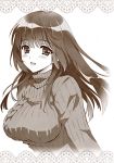  1girl absurdres blush breasts carnelian highres large_breasts long_hair monochrome open_mouth original ruri_(carnelian) smile solo sweater 