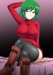  1girl arm_over_head arm_support black_legwear boots breasts flat_gaze green_hair highres hikage_(senran_kagura) large_breasts okyou ribbed_sweater senran_kagura senran_kagura_(series) short_hair sitting slit_pupils sweater thigh-highs thighs yellow_eyes zettai_ryouiki 