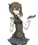  1girl berver bike_shorts blouse brown_eyes brown_hair flat_chest headband headgear kantai_collection mitsubishi_a7m_reppuu open_mouth pleated_skirt short_hair skirt solo taihou_(kantai_collection) 