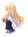  1girl ascot blonde_hair blouse chilia012 fading highres long_hair looking_to_the_side older red_eyes rumia skirt solo tears touhou vest white_background white_blouse 
