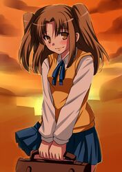  1girl bag blush brown_eyes brown_hair long_hair school_bag school_uniform small_breasts solo sunset sweater_vest tsukihime two_side_up urako v_arms yumizuka_satsuki 