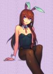  1girl 3:&lt; animal_ears black_legwear brown_hair bunnysuit covered_navel detached_collar foreshortening leotard long_hair makise_kurisu necktie pantyhose rabbit_ears revision sitting small_breasts solo steins;gate violet_eyes wrist_cuffs yuksi 