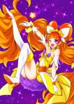  1girl ;d amanogawa_kirara bare_shoulders boots chocokin cure_twinkle dress earrings frills gloves go!_princess_precure jewelry magical_girl one_eye_closed open_mouth orange_hair precure smile solo star star_earrings thigh-highs thigh_boots tiara violet_eyes 