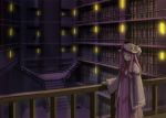  1girl bookshelf bow capelet crescent dress hair_bow hair_ornament hat hat_bow indoors kurione_(zassou) library light long_hair long_sleeves looking_at_viewer mob_cap patchouli_knowledge purple_hair solo stairs striped striped_dress touhou vest wide_sleeves 