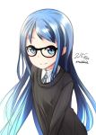  1girl blue_eyes blue_hair glasses kantai_collection long_hair nekobaka ribbed_sweater samidare_(kantai_collection) solo sweater 