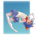  1girl absurdres backflip blue_background blue_eyes blue_hair blue_skirt bow cirno elbow_gloves gloves hair_bow hand_on_hip highres kc-flyhigh no_shoes ribbon skirt sleeveless sleeveless_shirt solo thigh-highs tongue tongue_out touhou upside-down v_over_eye white_gloves white_legwear 