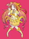  1girl boots bow brown_hair bubble_skirt cure_muse_(yellow) hair_bow hair_ribbon heart ishimu long_hair looking_at_viewer magical_girl pink_background pink_eyes precure ribbon shirabe_ako simple_background skirt solo suite_precure tiara 