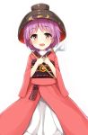  1girl bowl hands_on_own_chest hat highres japanese_clothes kimono long_sleeves looking_at_viewer needle obi ocha_(ochappie) open_mouth purple_hair red_eyes sash short_hair smile solo sukuna_shinmyoumaru touhou wide_sleeves 