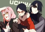  1boy 2girls black_hair family father_and_daughter glasses haruno_sakura jewelry long_hair mother_and_daughter multiple_girls naruto necklace oba-min pink_hair red-framed_glasses short_hair sunglasses uchiha_sarada uchiha_sasuke 