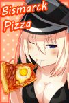  &gt;;) 1girl bismarck_(kantai_collection) blonde_hair blue_eyes blush breasts character_name cleavage collarbone food fried_egg hat kantai_collection long_hair meth_(emethmeth) one_eye_closed peaked_cap pizza smile solo 