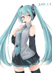  1girl 2015 31_pacers 39 aqua_eyes aqua_hair blush dated detached_sleeves hand_on_own_chest hatsune_miku headset highres light_smile long_hair necktie simple_background skirt smile solo thigh-highs twintails very_long_hair vocaloid white_background 