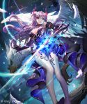  1girl bird breasts choker cleavage dress elbow_gloves gloves highres holding horns jewelry long_hair looking_at_viewer original parted_lips pointy_ears purple_hair shingoku_no_valhalla_gate solo sword thigh-highs tob violet_eyes weapon white_legwear wings 