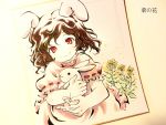  1girl animal_ears brown_hair flower holding inaba_tewi marker_(medium) rabbit rabbit_ears red_eyes short_hair solo touhou traditional_media tsubameyado 