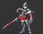  1girl armor bangs black_background blue_eyes boots breastplate commentary full_body gauntlets hair_between_eyes highres holding holding_shield holding_sword holding_weapon knight long_hair looking_at_viewer original pleated_skirt ponytail red_skirt ronapan22_(baekillmong) shield simple_background skirt solo sword thigh-highs thigh_boots weapon white_background 
