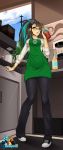  1girl apron brown_hair glasses green_eyes highres hizzacked long_hair multicolored_hair original self-portrait solo starbucks two-tone_hair 