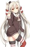  1girl amatsukaze_(kantai_collection) brown_eyes choker hair_tubes headgear highres kantai_collection looking_at_viewer neckerchief open_mouth red_legwear ro-ichi sailor_collar sailor_dress silver_hair simple_background solo striped striped_legwear thigh-highs two_side_up white_background 