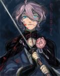  1boy blood blood_on_face blue_eyes cape kasen_kanesada katana mogupen purple_hair solo sword touken_ranbu weapon 