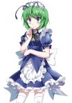  1girl alternate_costume antennae apron blue_eyes blush dress enmaided finger_to_chin frilled_dress frills green_hair highres looking_at_viewer maid maid_apron maid_headdress puffy_short_sleeves puffy_sleeves sash short_hair short_sleeves smile solo thigh-highs touhou tunic white_legwear wriggle_nightbug 