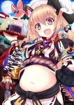  2girls :d animal_ears belly blonde_hair blush carrot_hair_ornament fang full_moon highres looking_at_viewer low_twintails midriff moon multiple_girls navel open_mouth original plump rabbit_ears smile solo_focus sparkle sukage torii tray twintails 