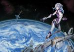  1girl 2015 alpha_(acerailgun) blue_hair borrowed_character long_hair marwan_islami original planet red_eyes robot_girl robot_joints signature solo space space_craft star 