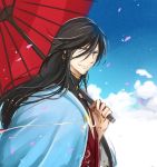  1boy black_hair blue_eyes haori izumi-no-kami_kanesada japanese_clothes looking_at_viewer parasol petals sasahara_rena sky solo touken_ranbu umbrella 