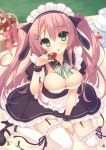  1girl :o basket breasts bursting_breasts cleavage food frilled_legwear fruit garter_straps green_eyes highres maid maid_headdress may miko_92 original pink_hair sitting strawberry tagme teapot thigh-highs twintails wariza white_legwear 