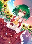  1girl ascot blush curly_hair dutch_angle field flower flower_field green_hair jpeg_artifacts kazami_yuuka looking_at_viewer outdoors petals plaid plaid_skirt plaid_vest red_eyes short_hair skirt skirt_set sky smile solo sunflower suzushiro_kurumi touhou umbrella 