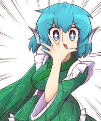  +_+ 1girl blue_eyes blush dress green_dress green_hair head_fins japanese_clothes jojo_no_kimyou_na_bouken jojo_pose kimono long_sleeves mermaid monster_girl obi open_mouth parody pose ribbon sash short_hair simple_background smile solo sparkle touhou wakasagihime white_background wide_sleeves wool_(miwol) 